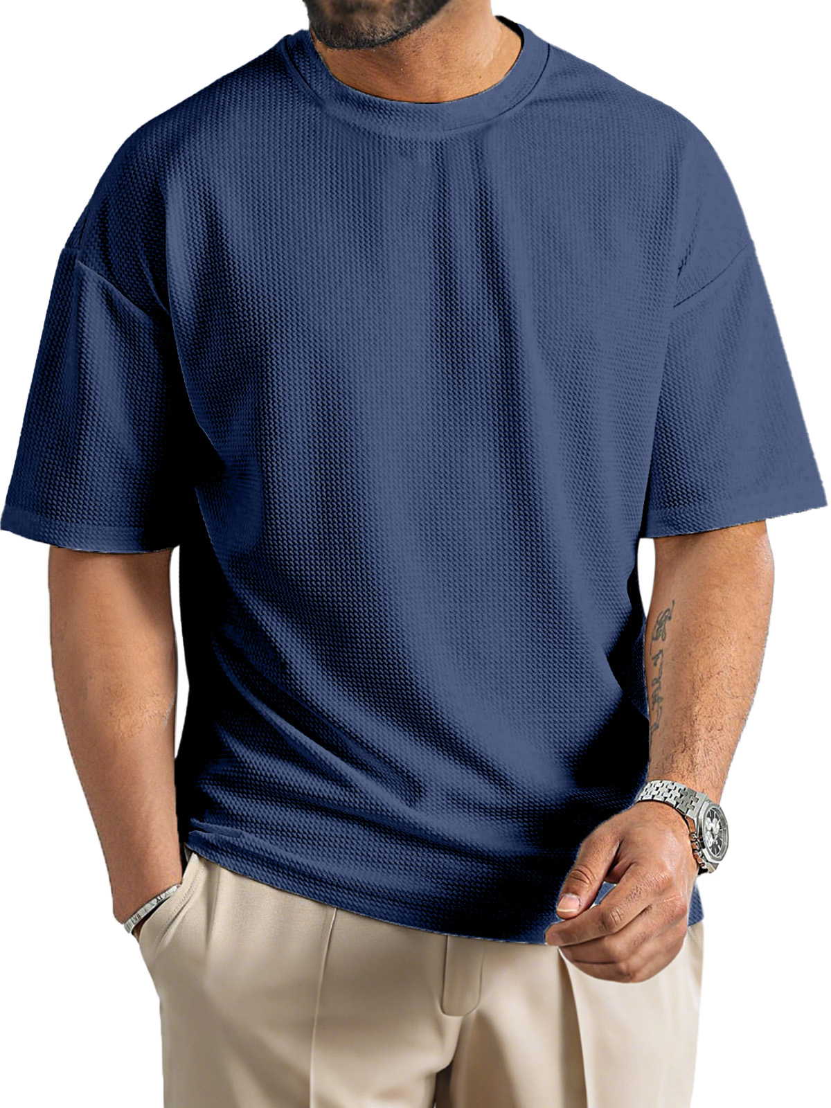 Men's Daily Solid Color Waffle Texture Round Neck Short-sleeved T-shirt