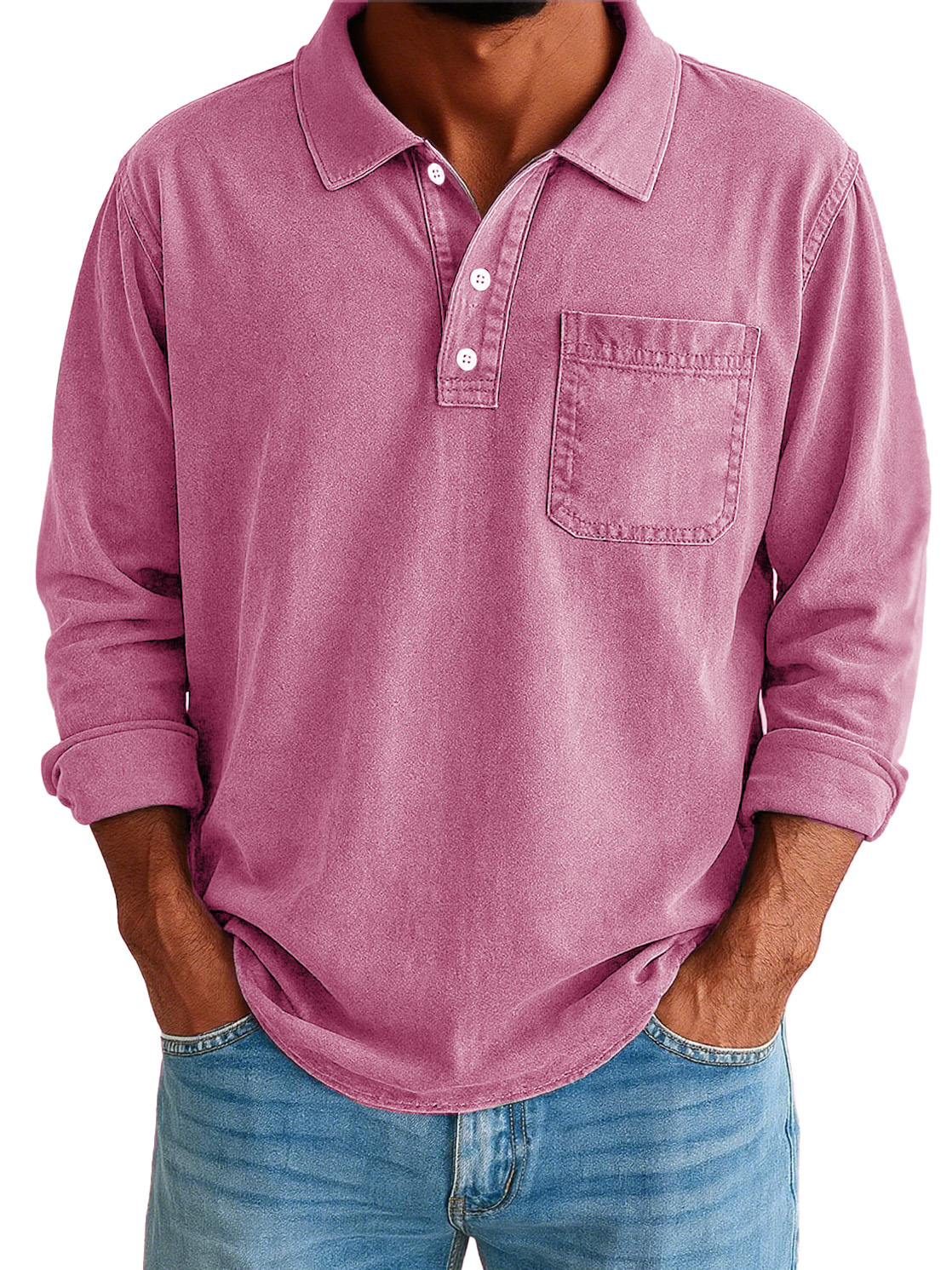 Men's Stylish Vintage Washed And Distressed Lapel Long-sleeved Polo Shirt With Pockets