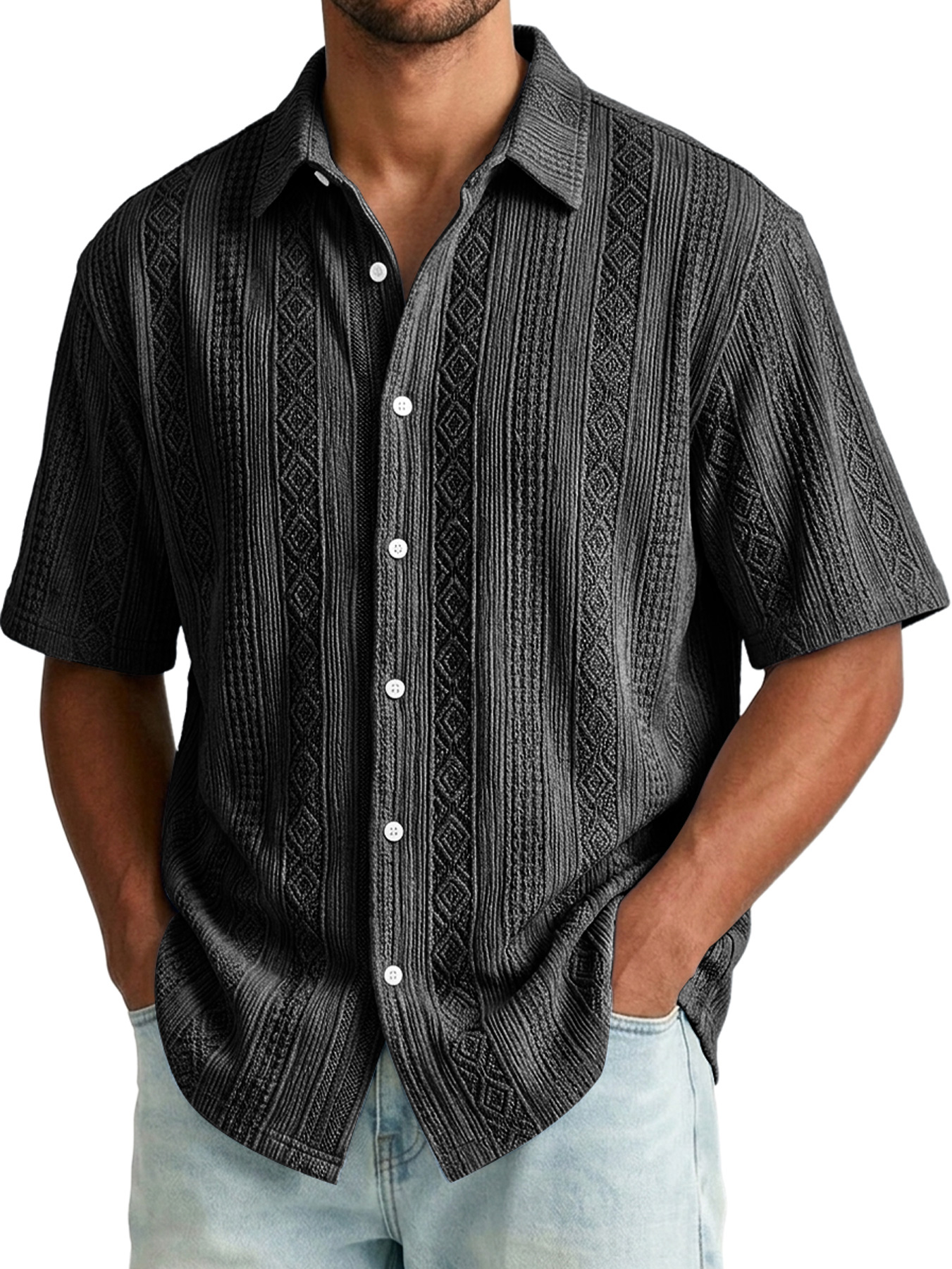 Men's Jacquard Textured Casual And Comfortable Short-sleeved Shirt