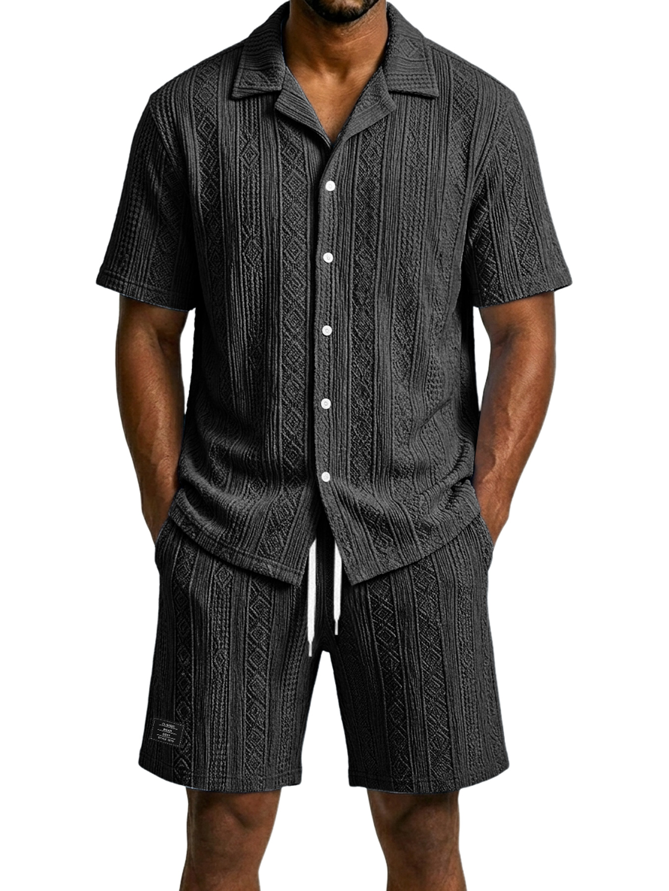 Men's Casual Jacquard Textured Solid Color Shirt and Shorts Two-Piece Set