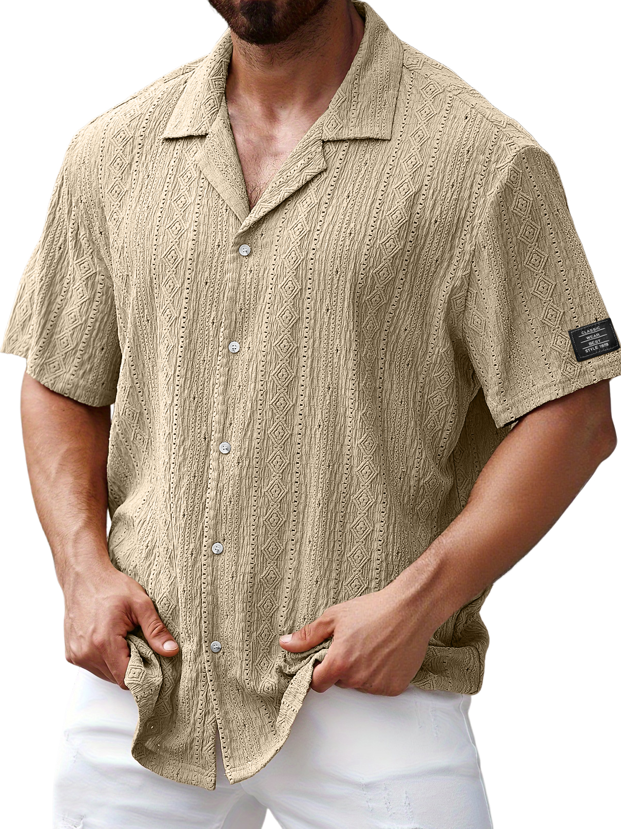 Men's Daily Jacquard Texture Embroidered Logo Casual And Comfortable Short-sleeved Shirt