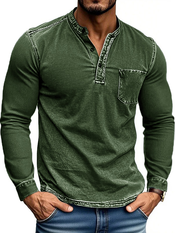 Men's Stylish Retro Outdoor Distressed Pocket Stand Collar Long-sleeved Henley Shirt