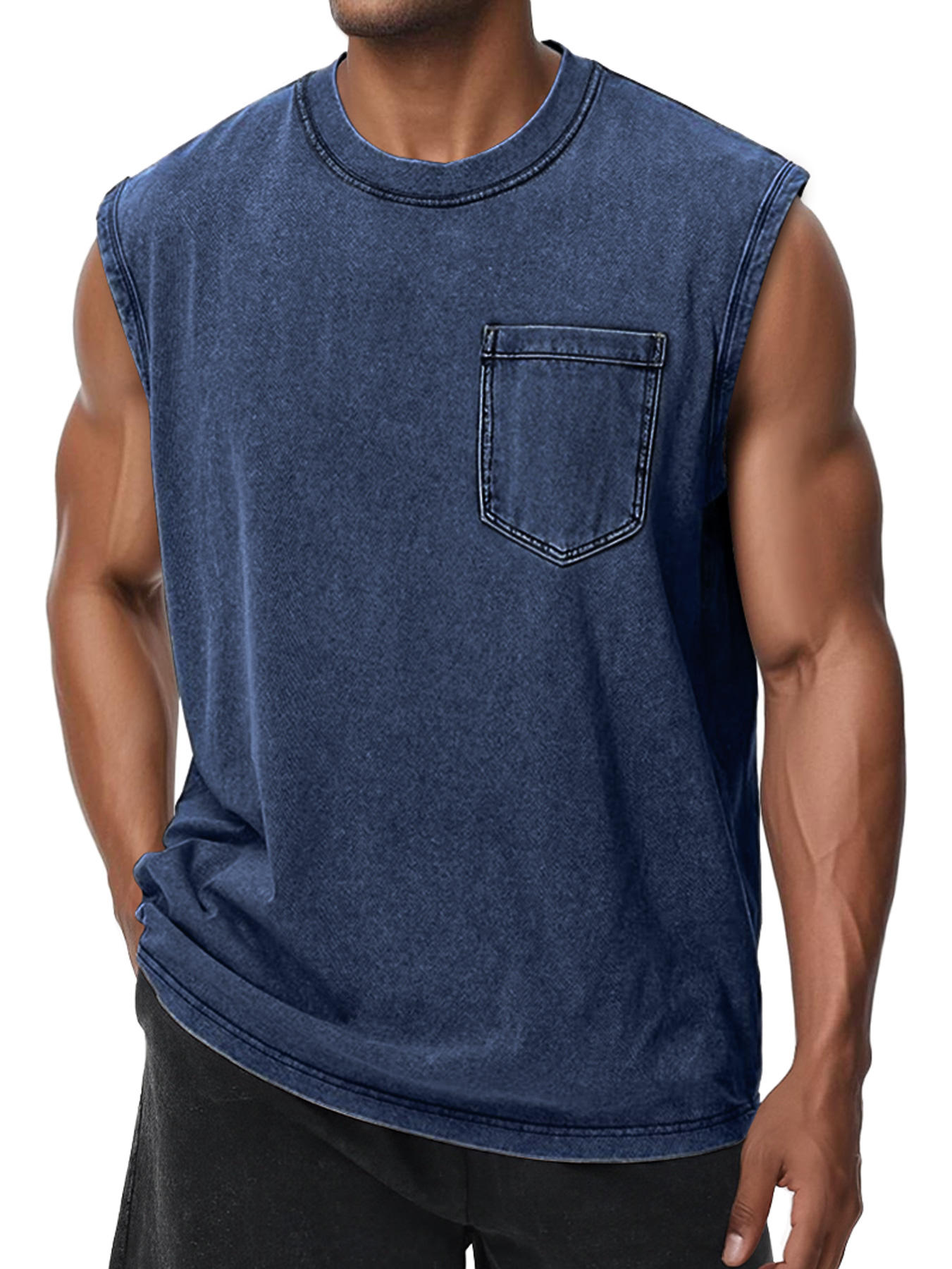 Men's Retro Washed Cotton Round Neck Pocket Casual Sleeveless Vest