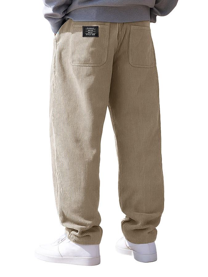 Men's Stylish Everyday Corduroy Fabric Pocket Loose Drawstring Elastic Waist Embroidered Logo Trousers