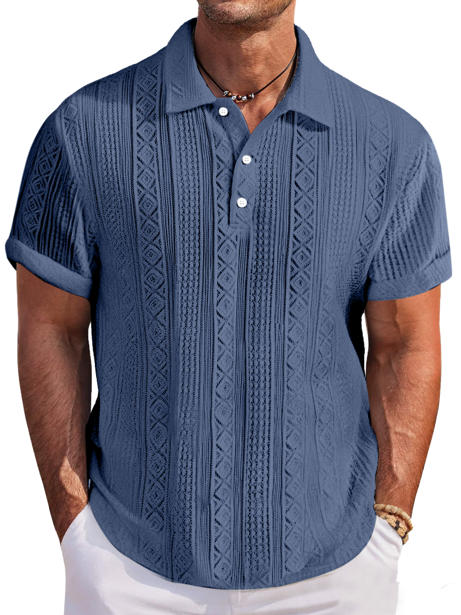 Men's Casual And Comfortable Solid Color Textured Short-sleeved Lapel Polo Shirt