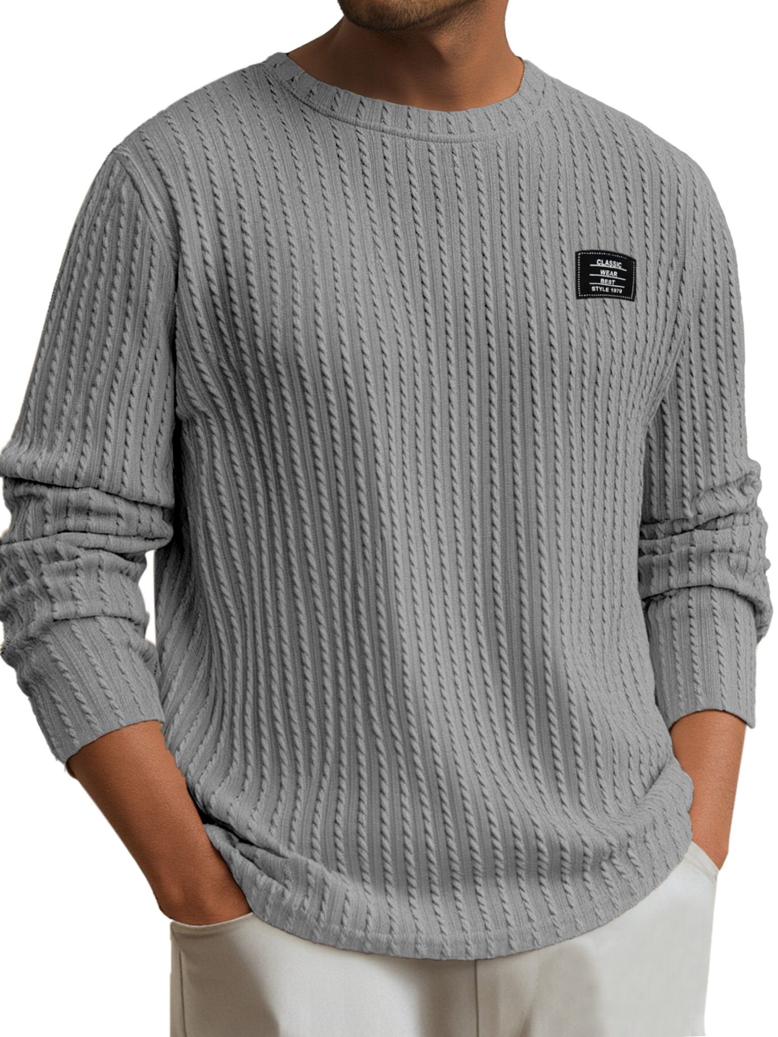Men's Simple Daily Solid Color Logo Round Neck Long-sleeved T-shirt