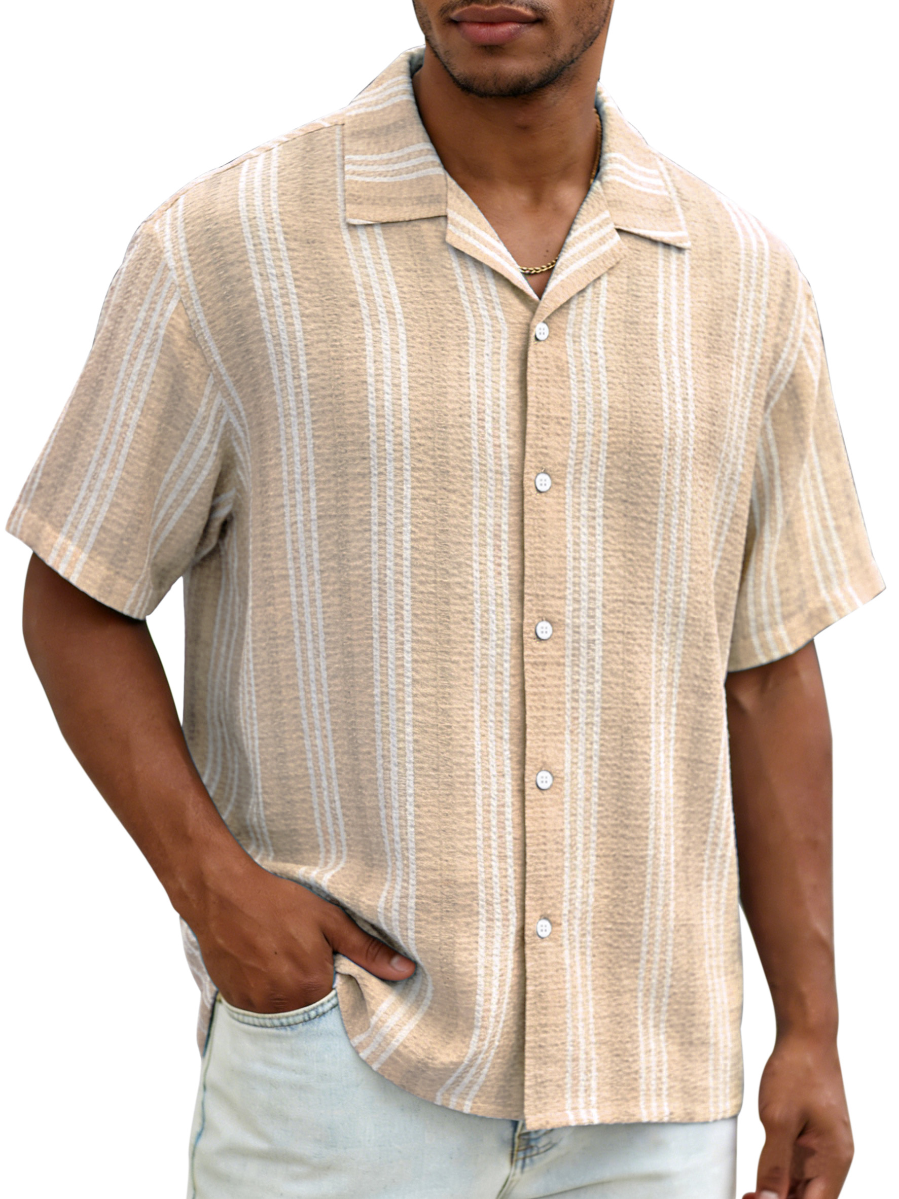 Daily casual resort style vertical striped breathable loose short-sleeved shirt