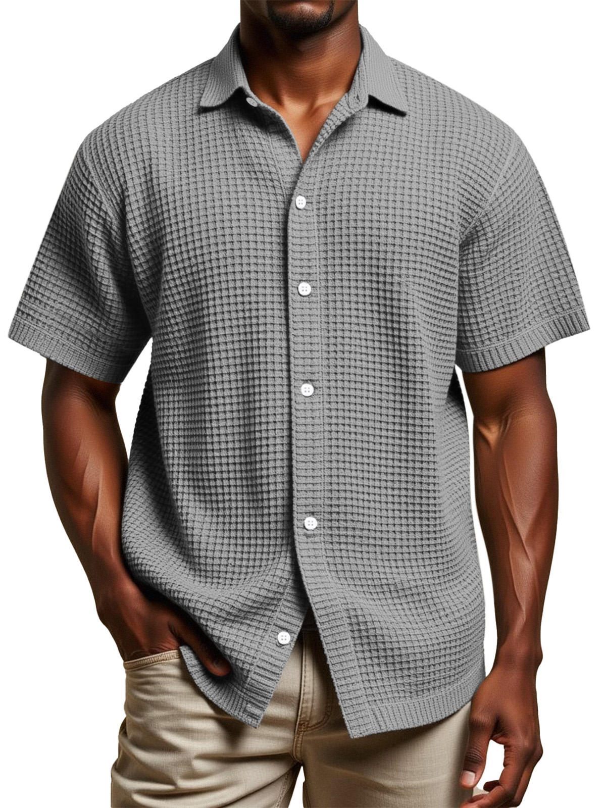 Men's Daily Simple Solid Color Waffle Texture Short-sleeved Lapel Button-down Shirt