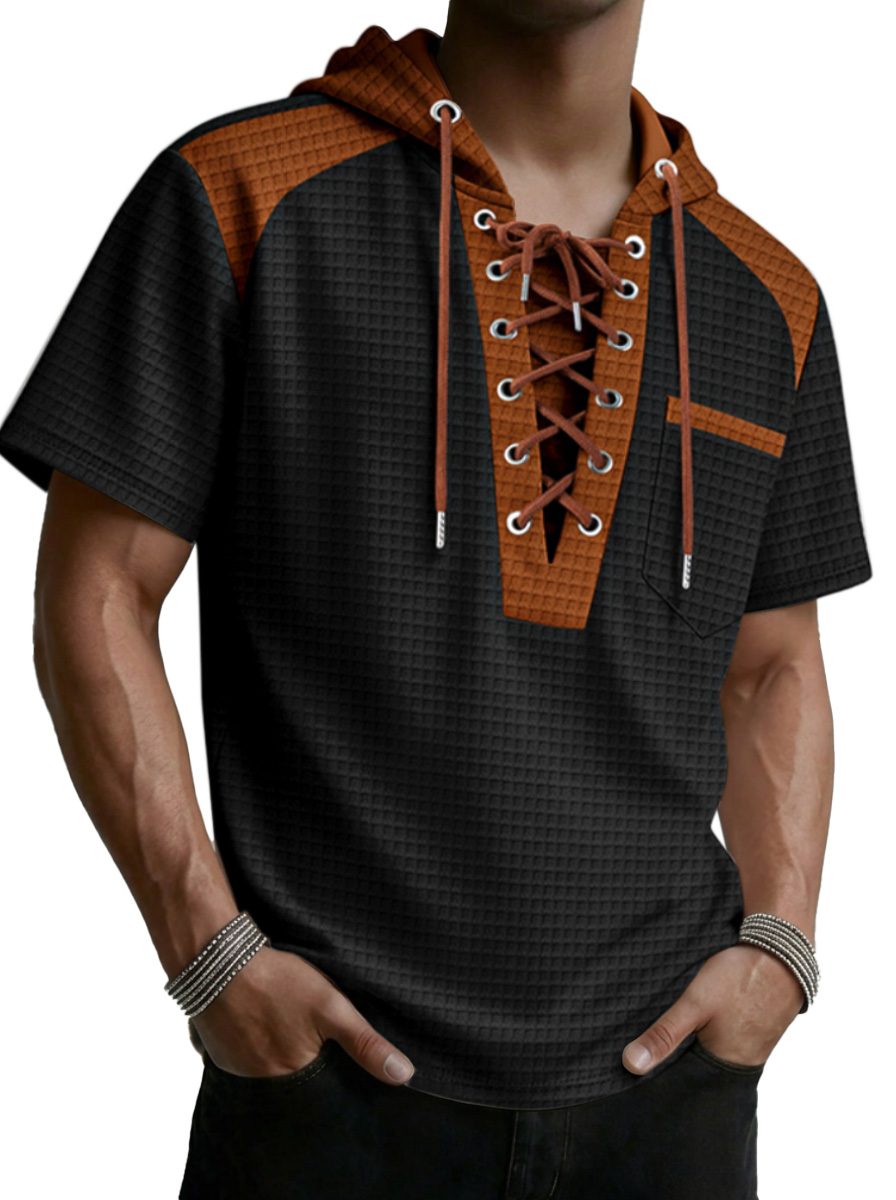 Men's Waffled Short-Sleeve Hoodie Contrast Lace-Up Tee