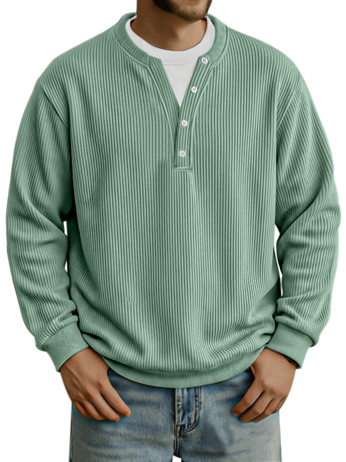 Men's Fashionable Vertical Pit Strip Fake Two-piece Button Design Long-sleeved Top