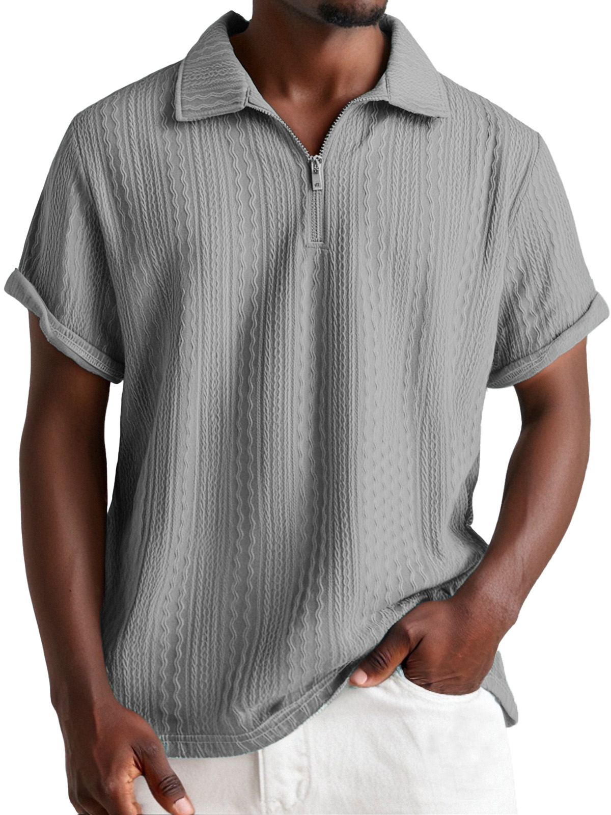 Men's Everyday Design Textured Short-sleeved Lapel Zipper Polo Shirt