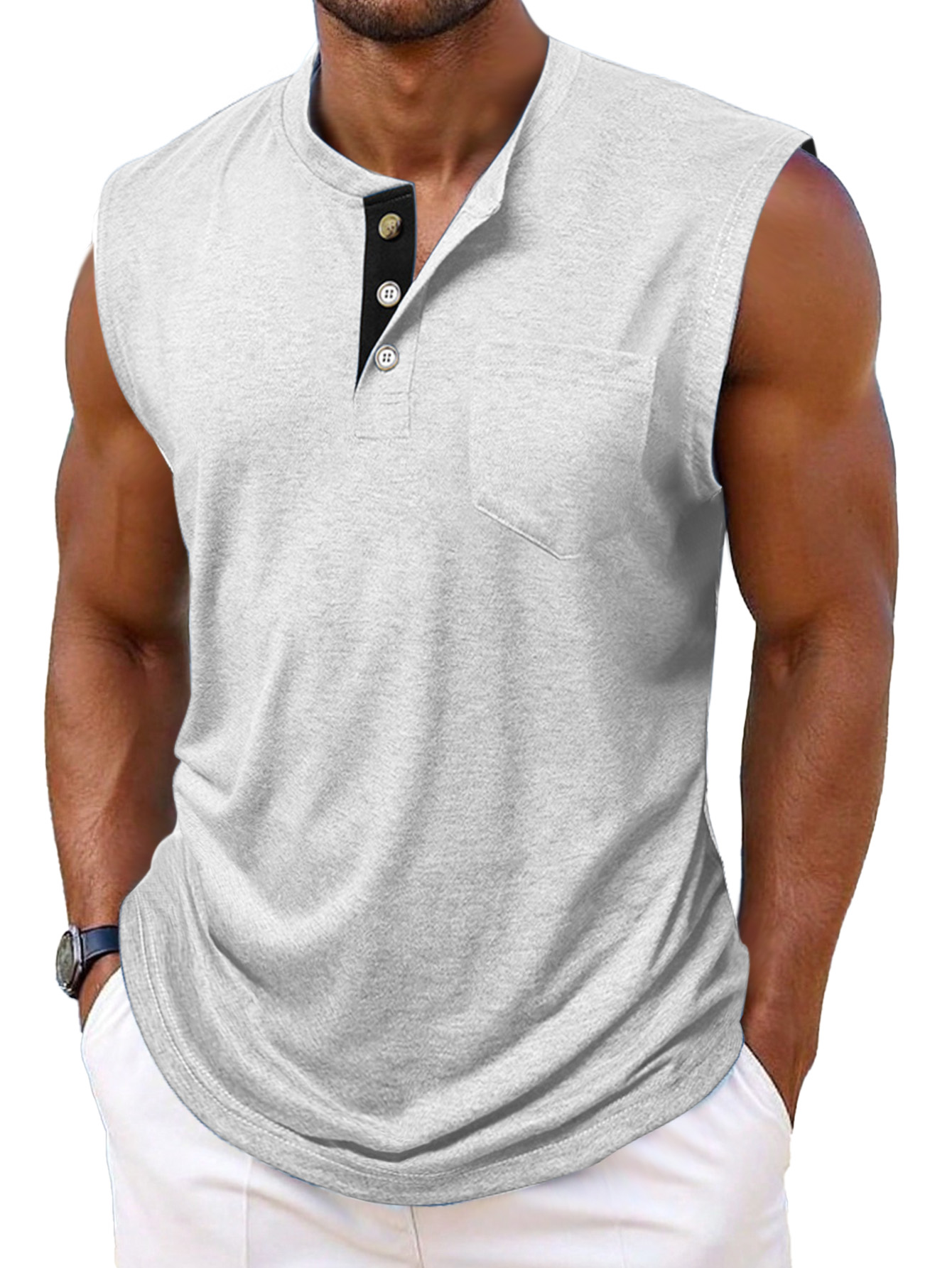 Men's Simple Casual Contrast Color Sleeveless Henley Shirt