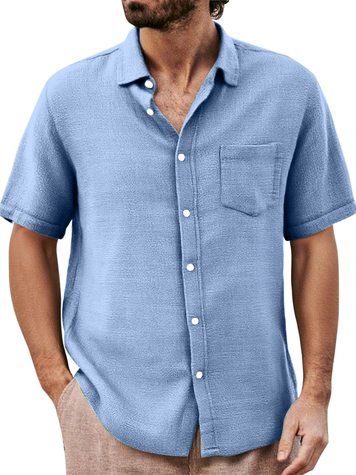 Men's Daily Casual Loose And Comfortable Solid Color Lapel Short-sleeved Button-down Shirt