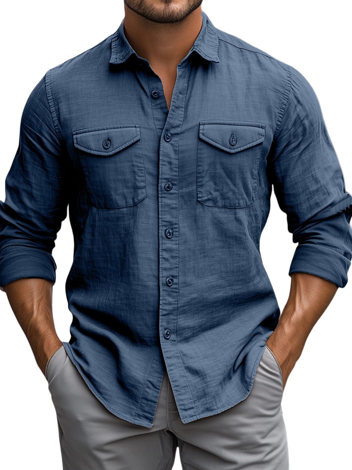 Men's Casual Daily Solid Color Breathable Cotton Long-sleeved Shirt