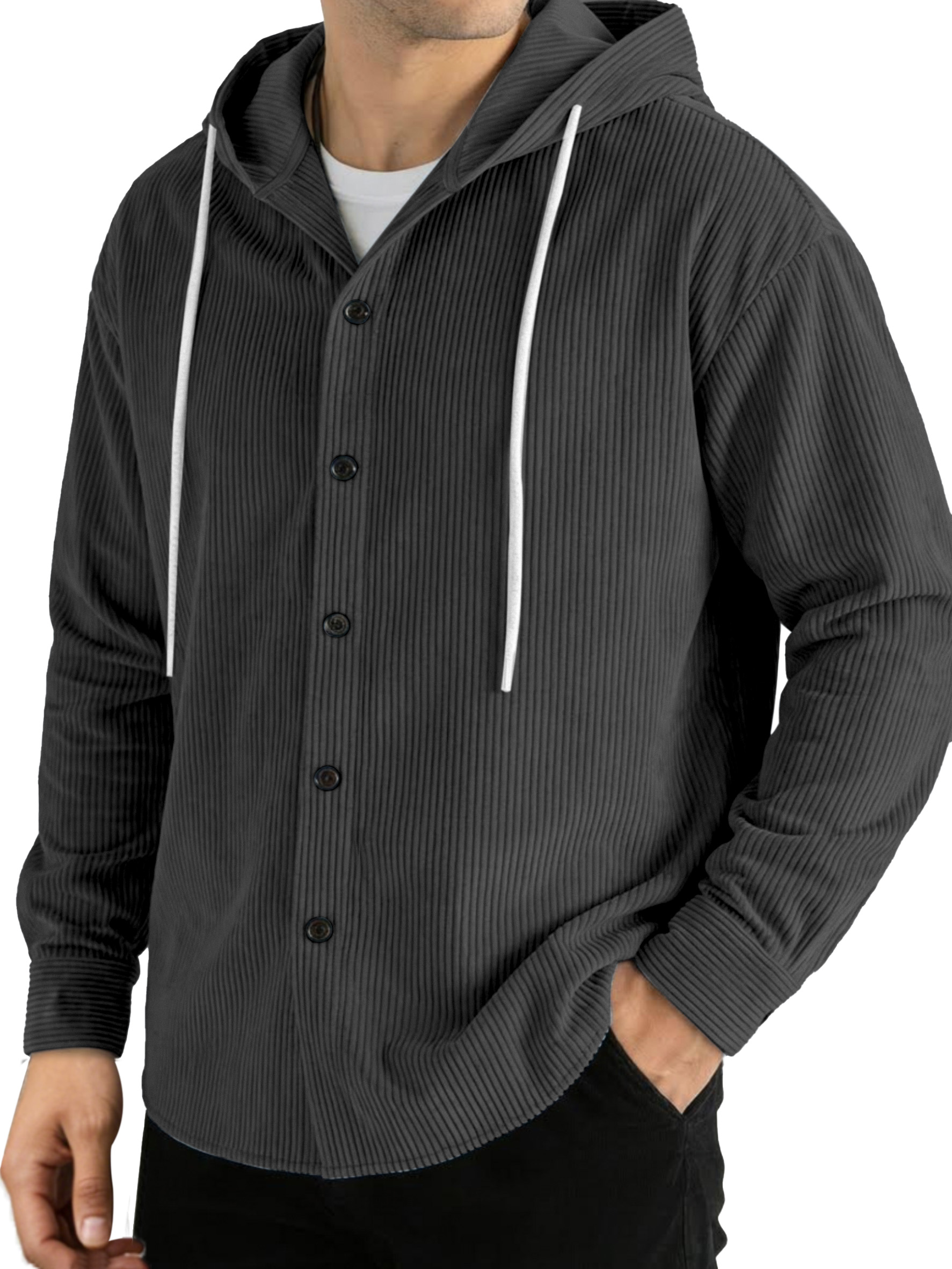 Casual Solid Color Vertical Ribbed Button-Up Hooded Long-Sleeve Shirt