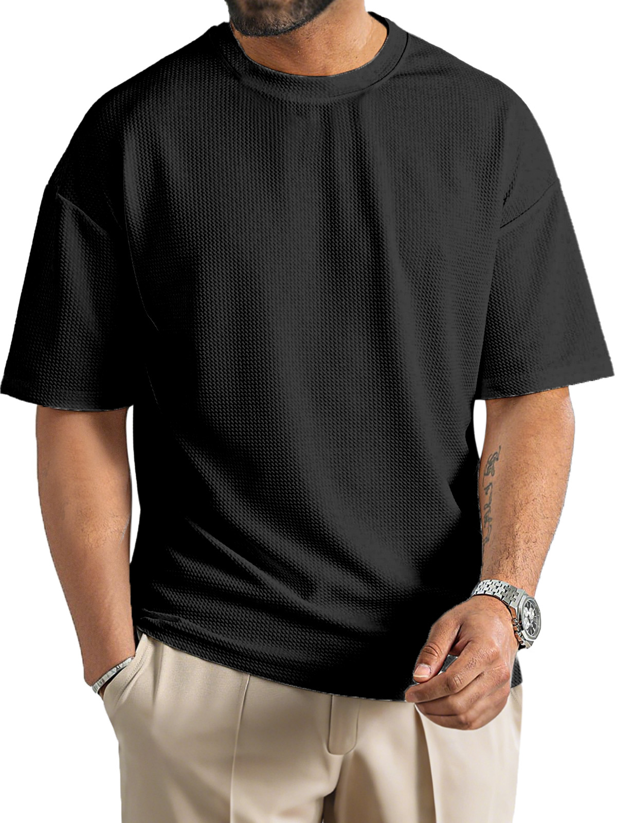 Men's Daily Solid Color Waffle Texture Round Neck Short-sleeved T-shirt