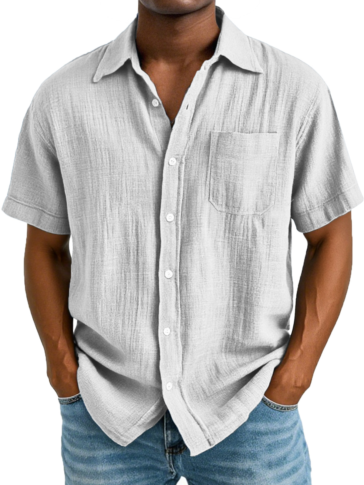Men's Casual And Comfortable Solid Color Cotton And Linen Short-sleeved Lapel Shirt