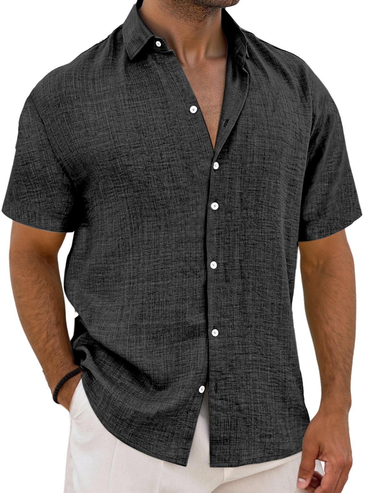 Men's Simple Solid Color Breathable Loose Lapel Short-sleeved Shirt