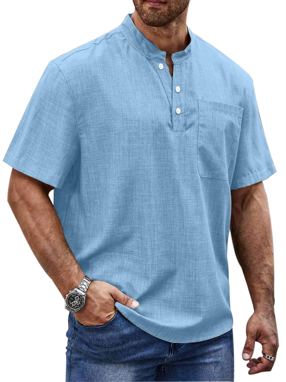 Men's Simple Daily Solid Color Short Sleeve Button Stand Collar Polo Shirt