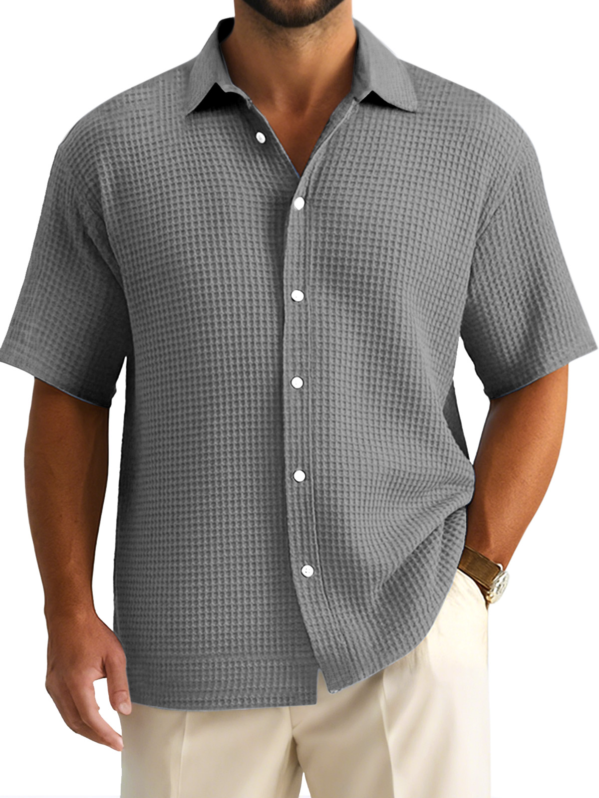 Men's Simple Casual Solid Color Waffle Short-sleeved Button-down Shirt