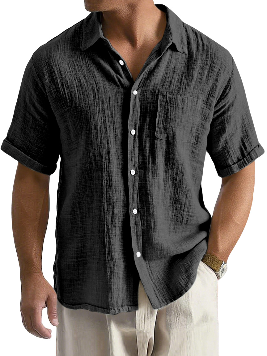 Men's Daily Casual Loose And Comfortable Imitation Linen Lapel Short-sleeved Button-down Shirt