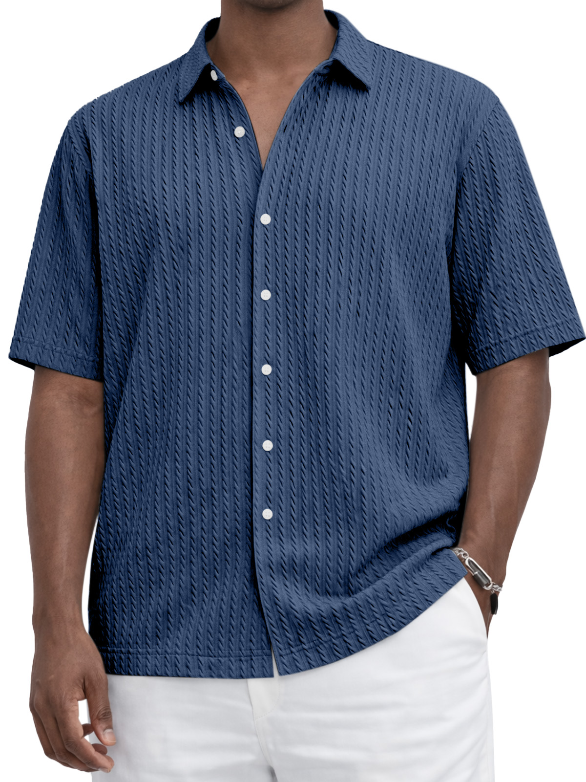 Everyday Casual Solid Color Textured Short-Sleeve Shirt