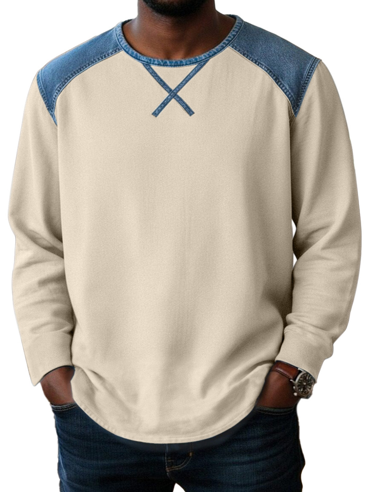 Basic Casual Inverted Triangle Design Spliced ​​round Neck Long-sleeved T-shirt