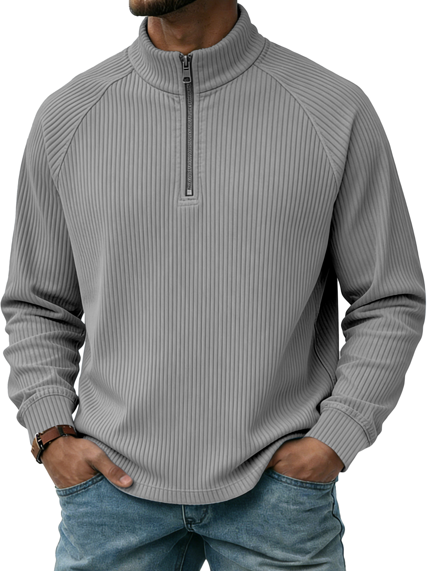 Men's Casual Simple Vertical Stripe Zip-up Stand-collar Raglan Sleeve Polo Shirt