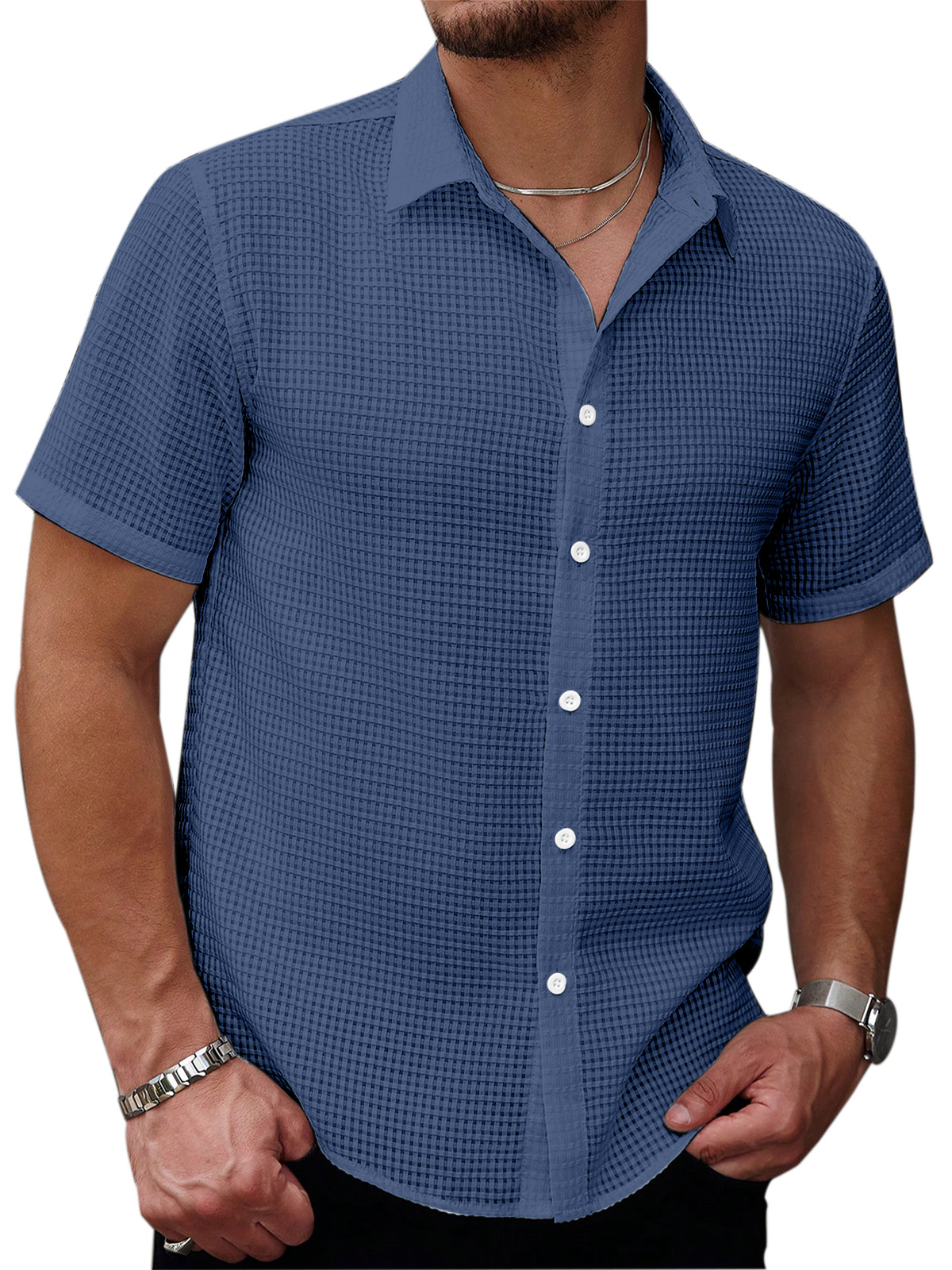 Men's Casual Summer Solid Color Waffle Texture Short-sleeved Button-down Shirt