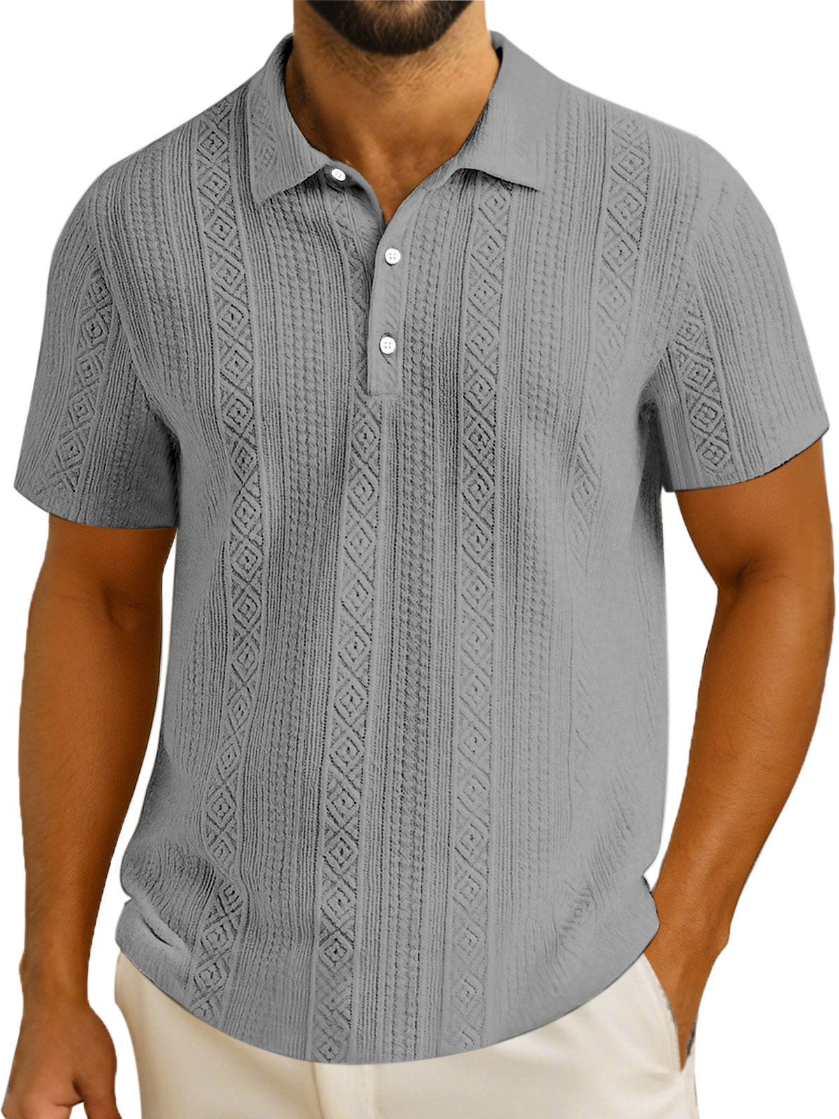 Men's Simple Solid Color Textured Lapel Button Short-sleeved Polo Shirt