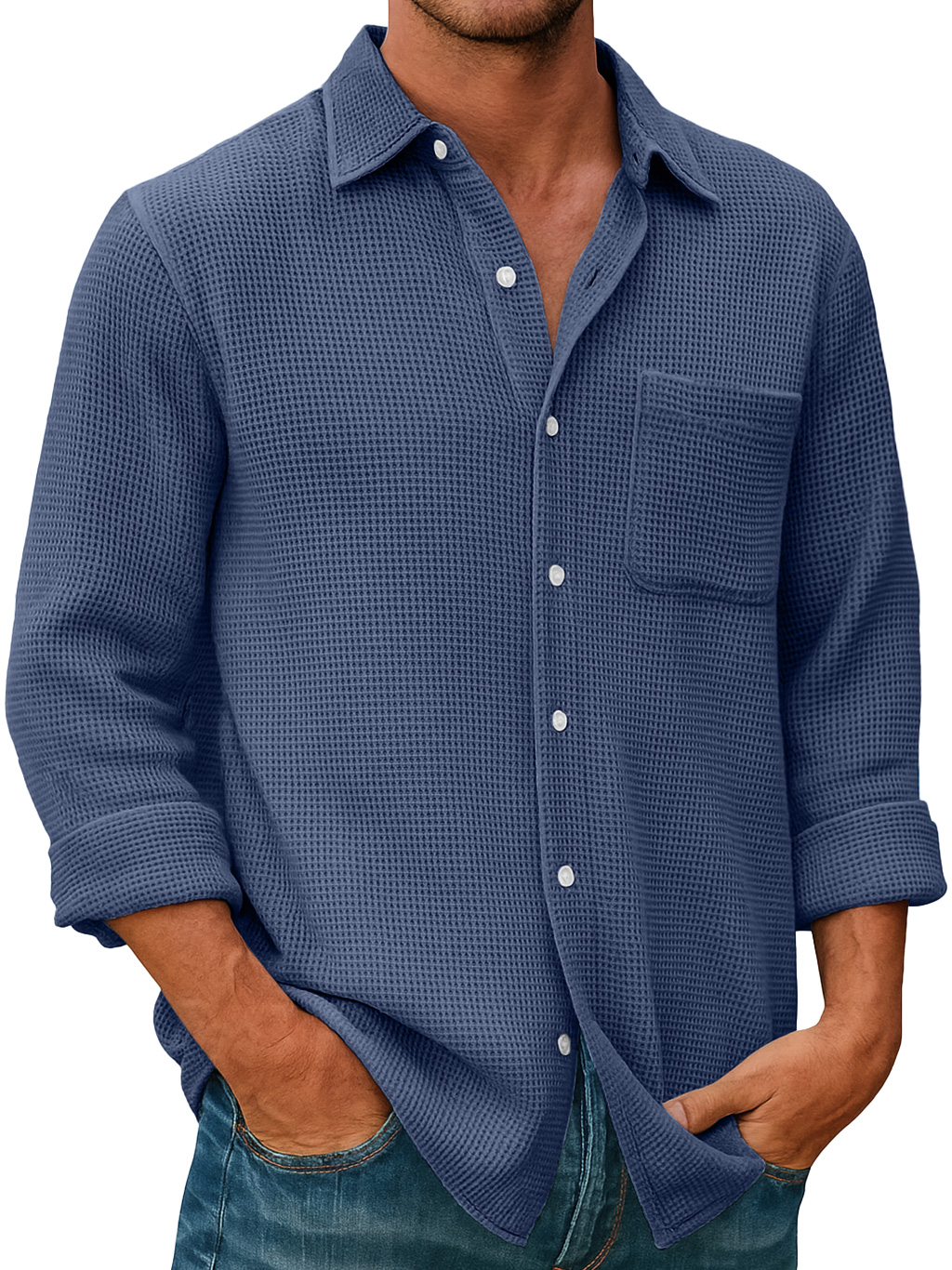 Men's Waffle Everyday Casual Pocket Comfort Long Sleeve Shirt
