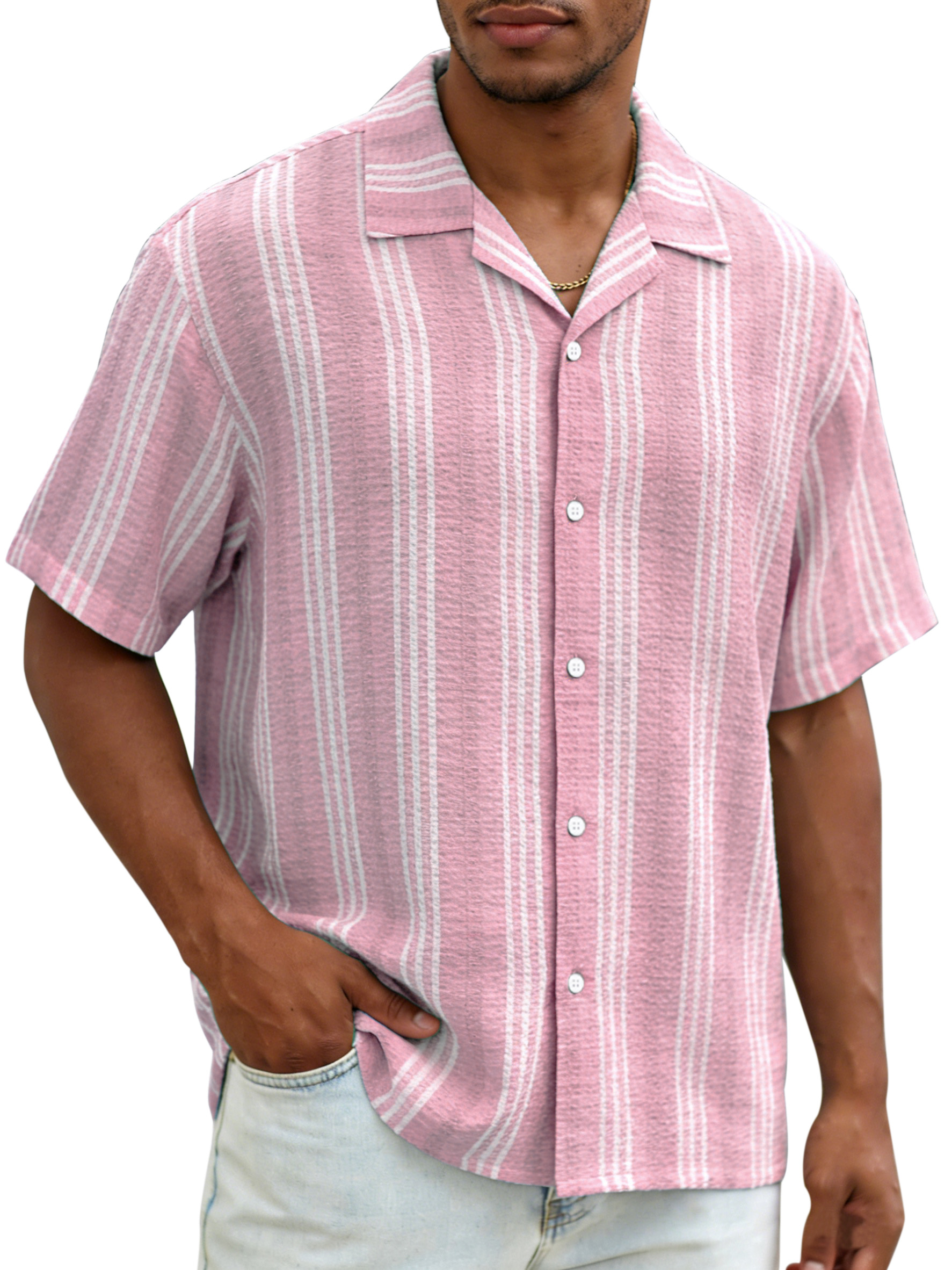 Daily casual resort style vertical striped breathable loose short-sleeved shirt