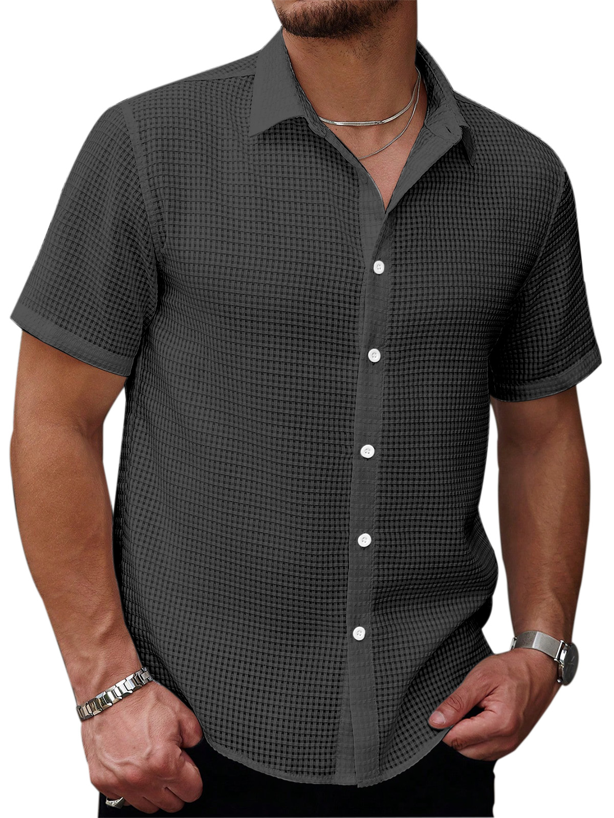 Men's Casual Summer Solid Color Waffle Texture Short-sleeved Button-down Shirt