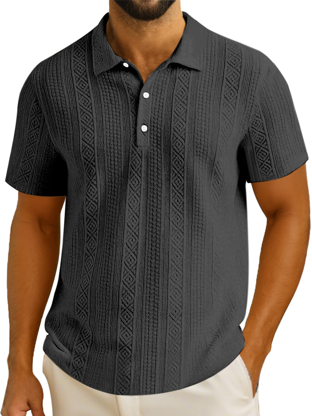 Men's Simple Solid Color Textured Lapel Button Short-sleeved Polo Shirt