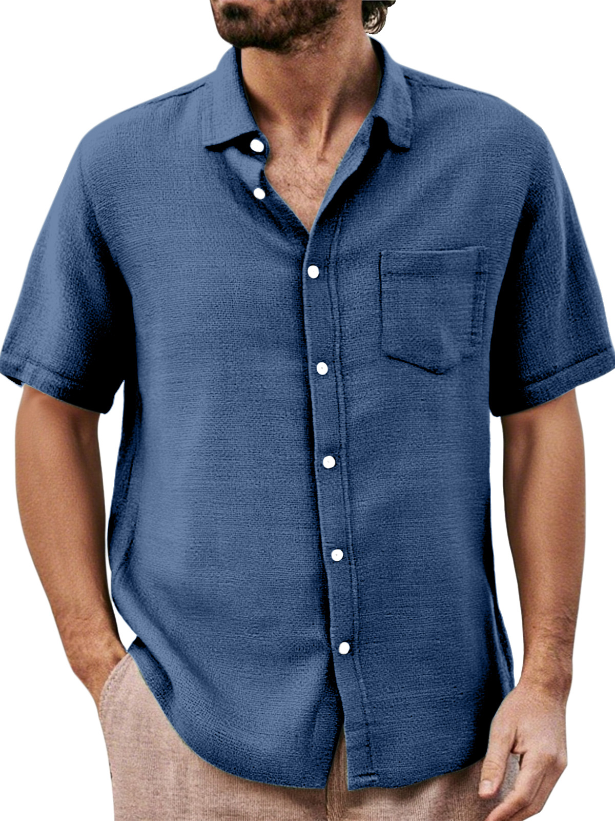 Men's Daily Casual Loose And Comfortable Solid Color Lapel Short-sleeved Button-down Shirt