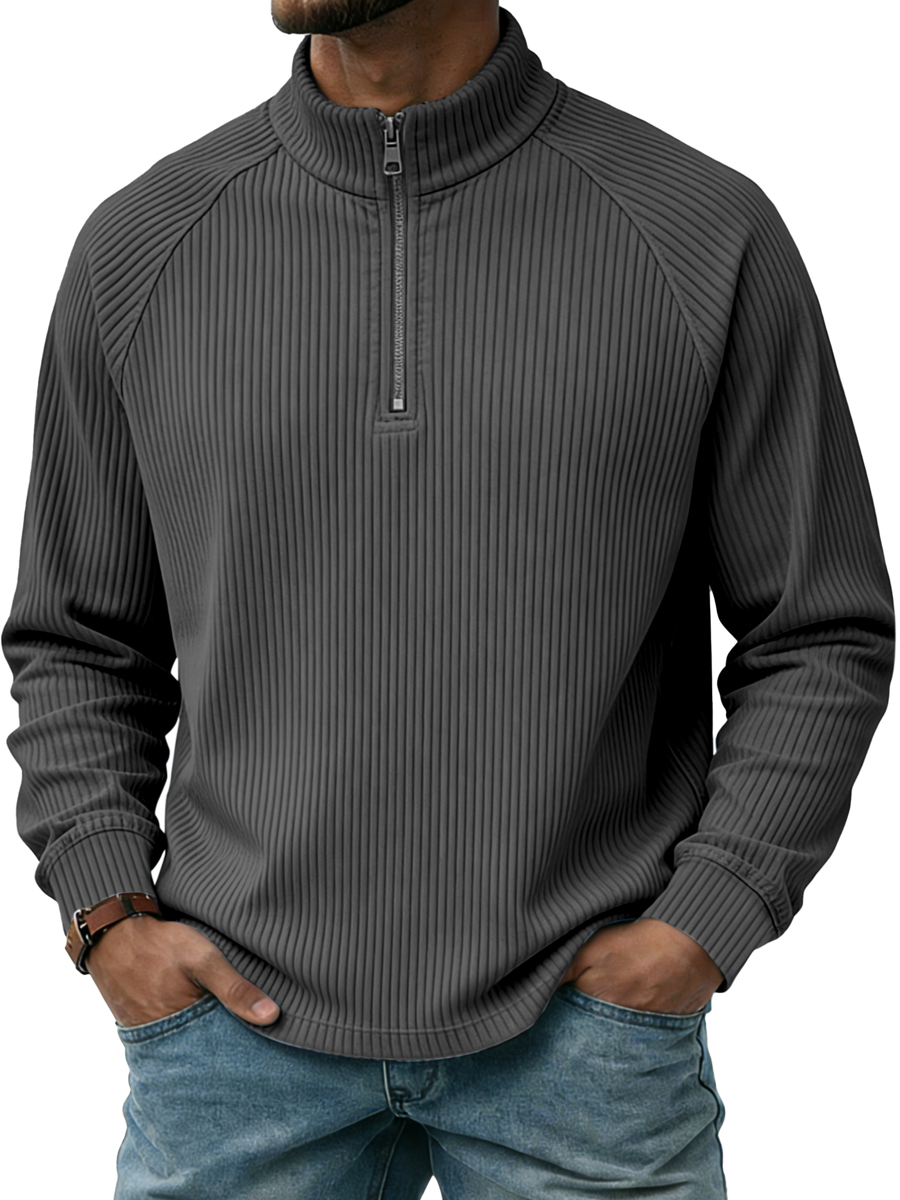 Men's Casual Simple Vertical Stripe Zip-up Stand-collar Raglan Sleeve Polo Shirt