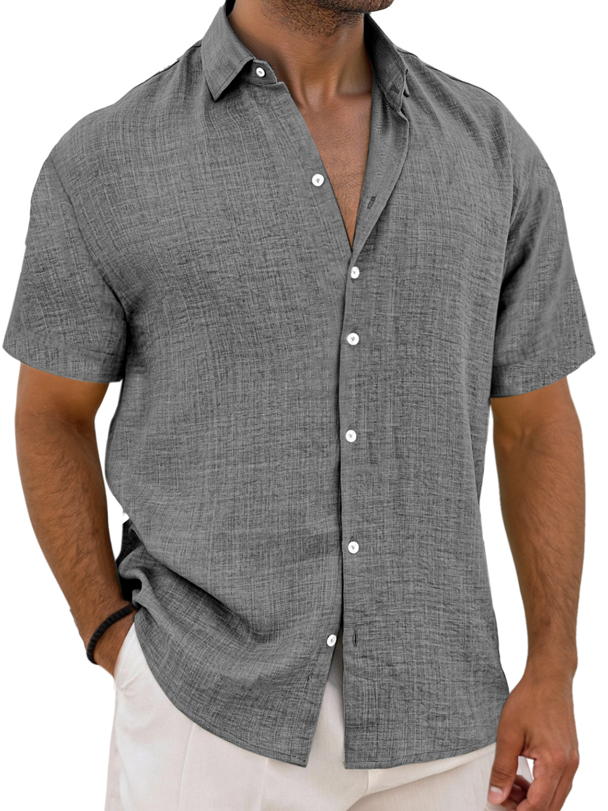 Men's Simple Solid Color Breathable Loose Lapel Short-sleeved Shirt