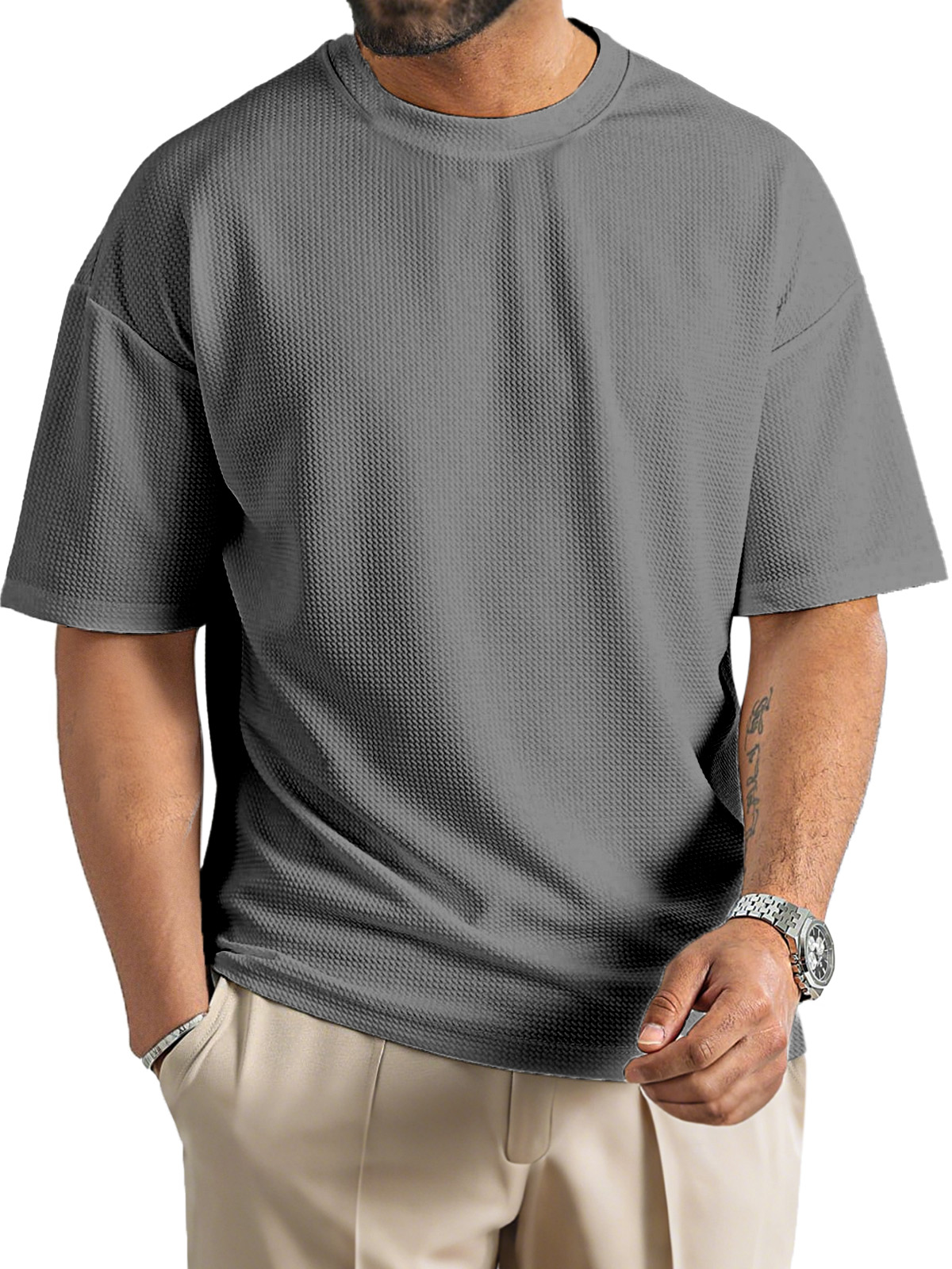 Men's Daily Solid Color Waffle Texture Round Neck Short-sleeved T-shirt