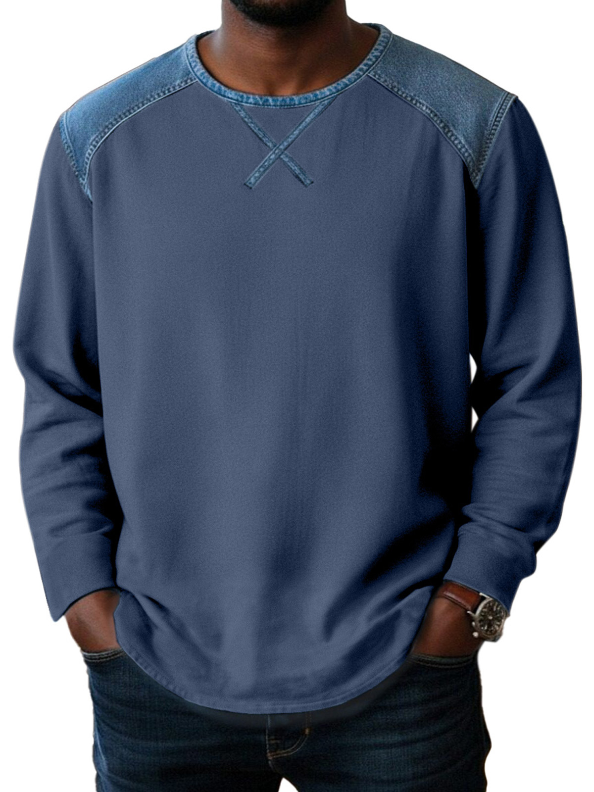 Basic Casual Inverted Triangle Design Spliced ​​round Neck Long-sleeved T-shirt