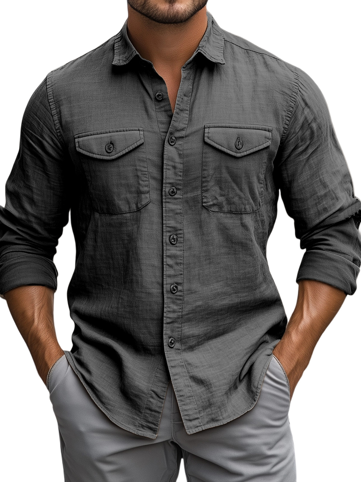 Men's Casual Daily Solid Color Breathable Cotton Long-sleeved Shirt