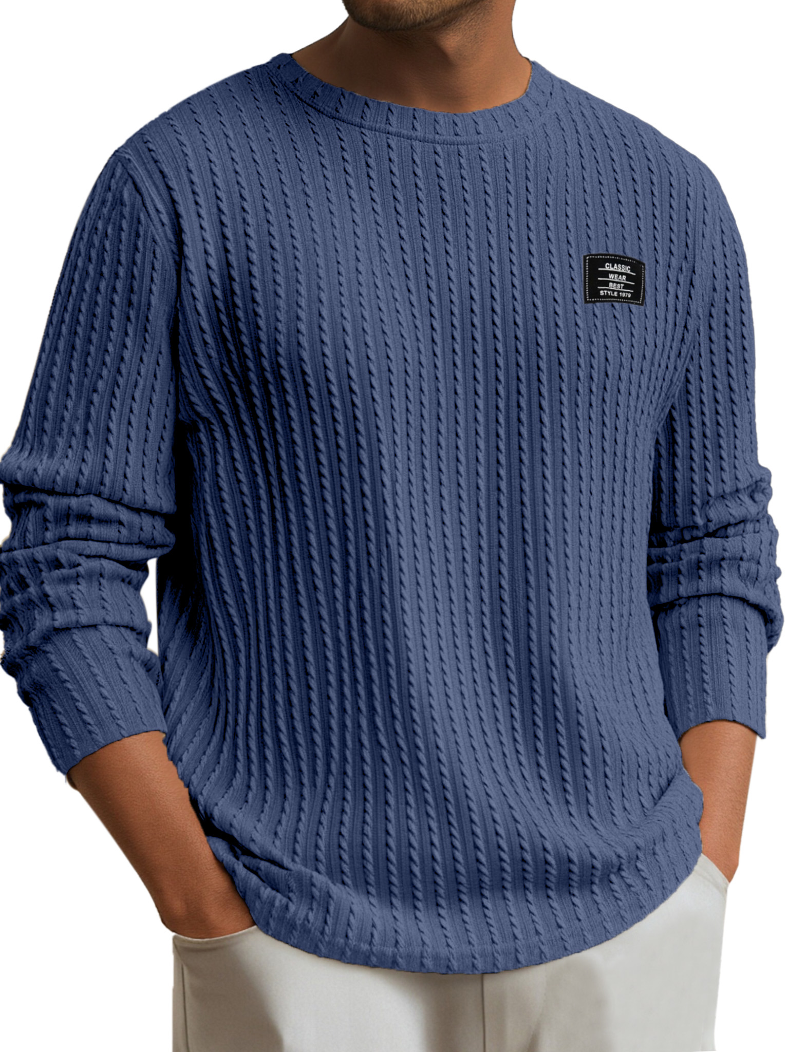 Men's Simple Daily Solid Color Logo Round Neck Long-sleeved T-shirt