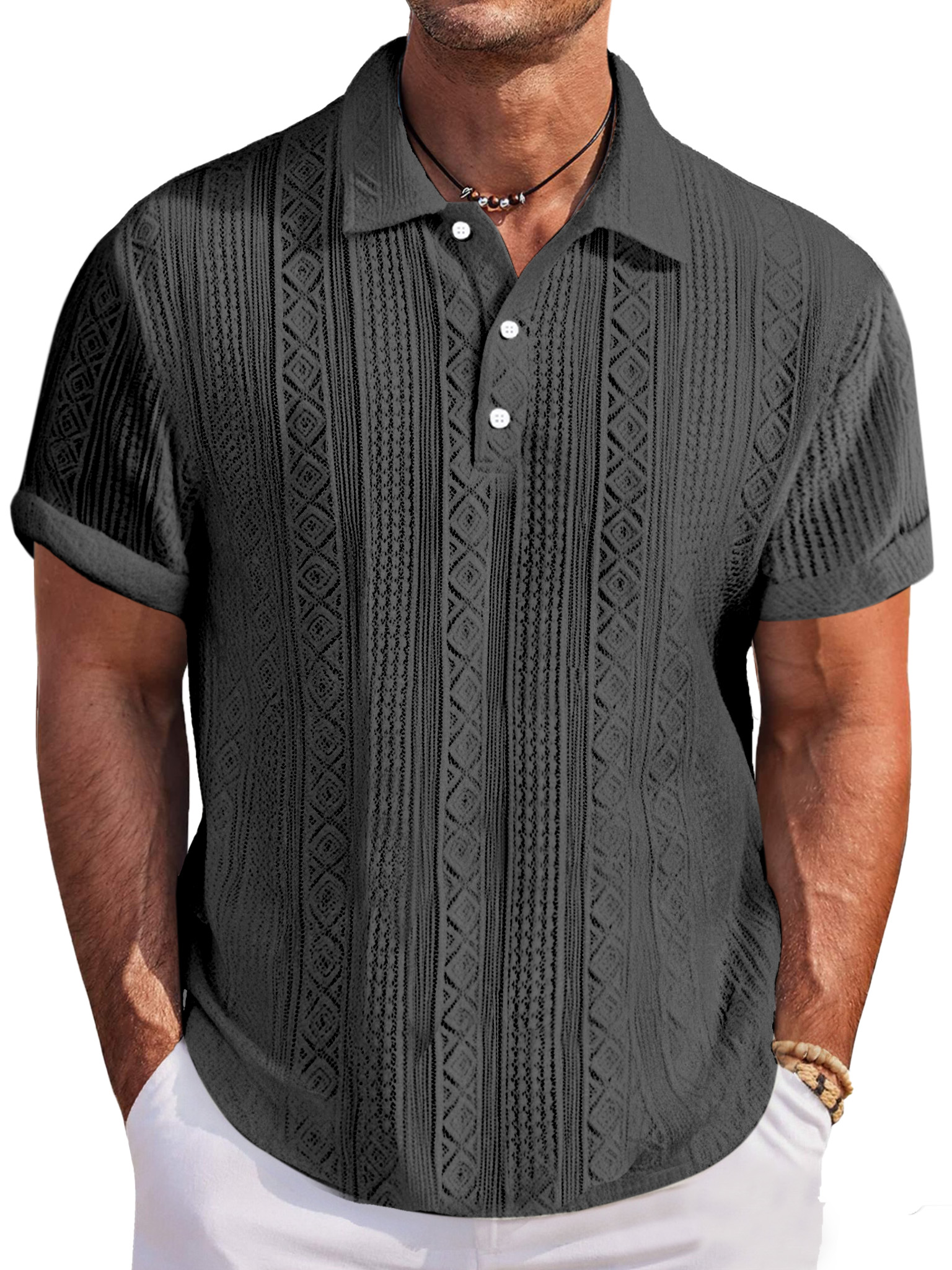 Men's Casual And Comfortable Solid Color Textured Short-sleeved Lapel Polo Shirt