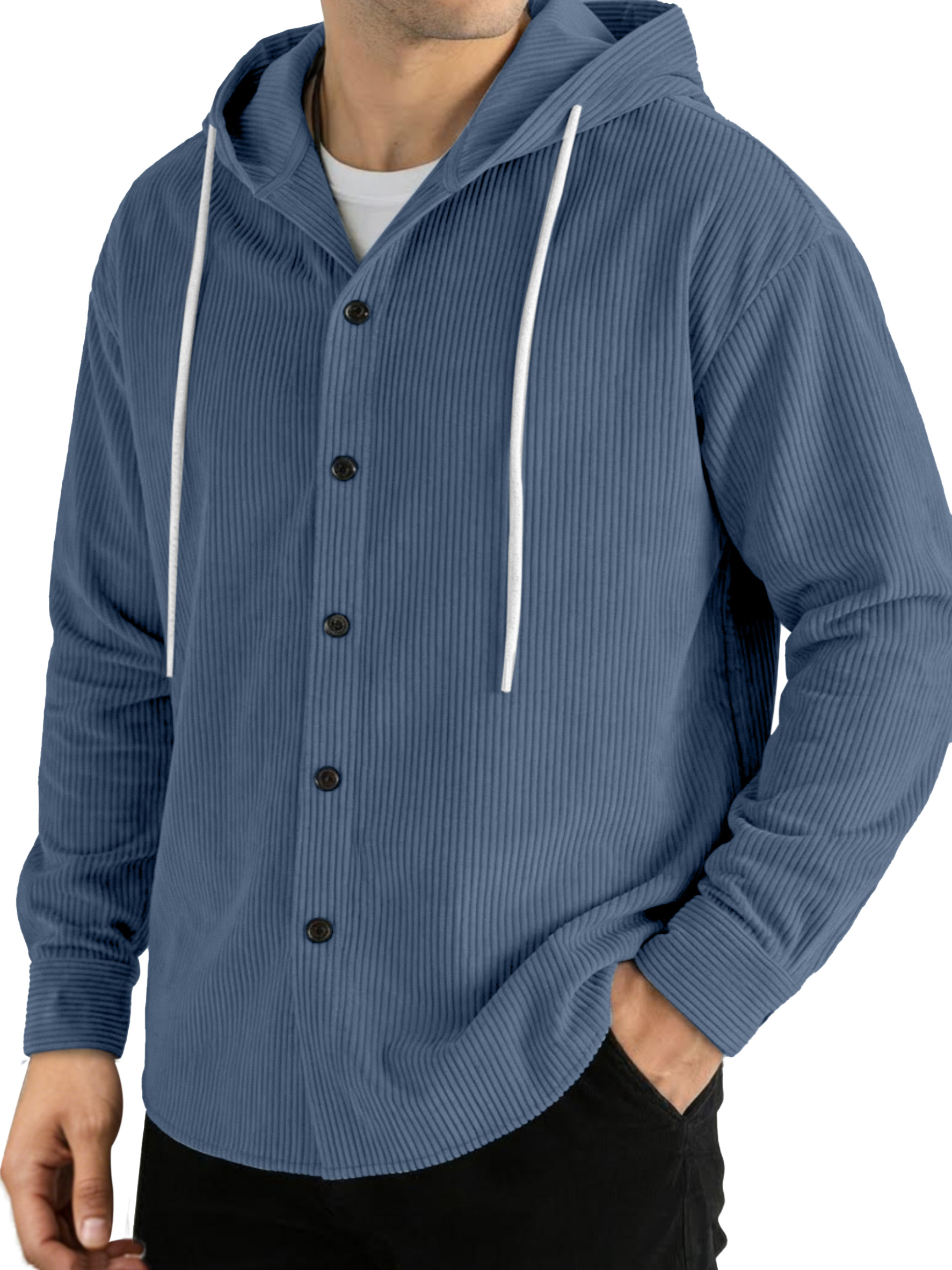 Casual Solid Color Vertical Ribbed Button-Up Hooded Long-Sleeve Shirt