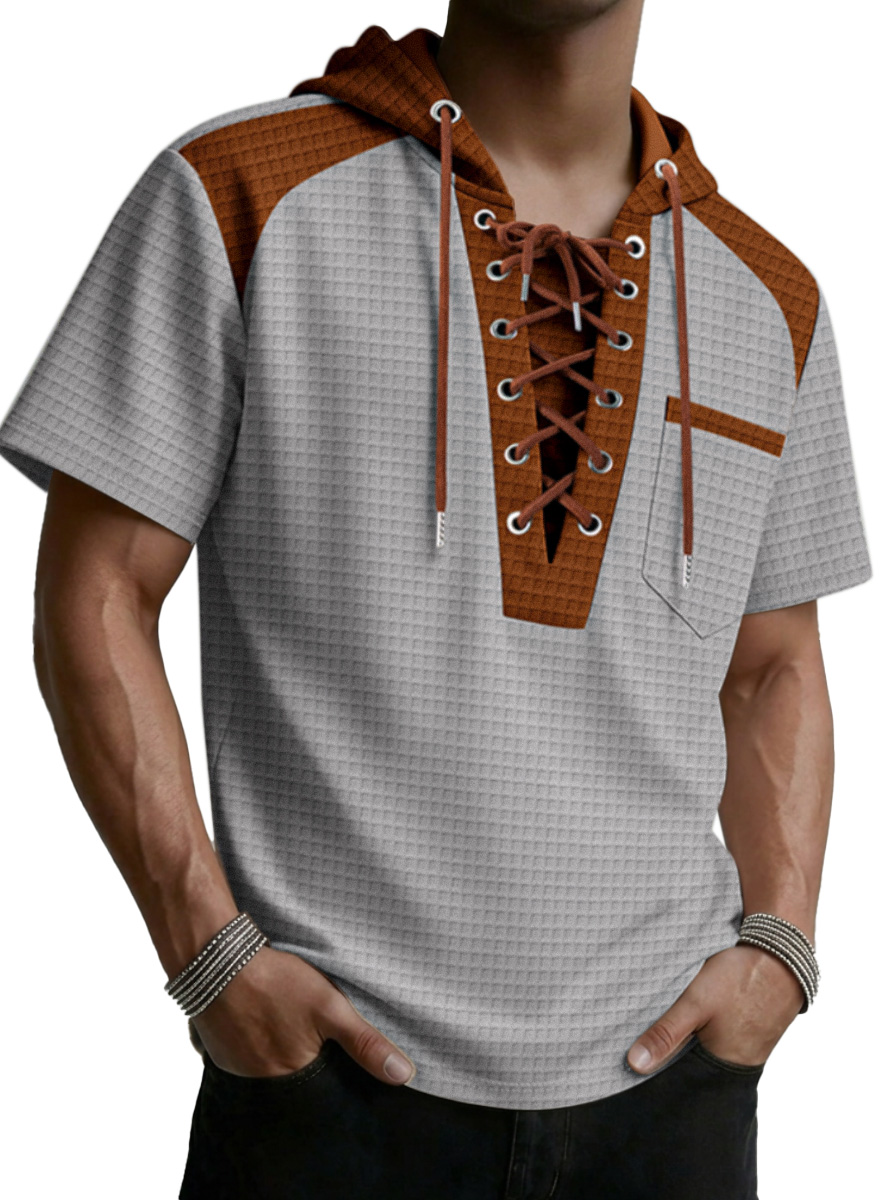 Men's Waffled Short-Sleeve Hoodie Contrast Lace-Up Tee