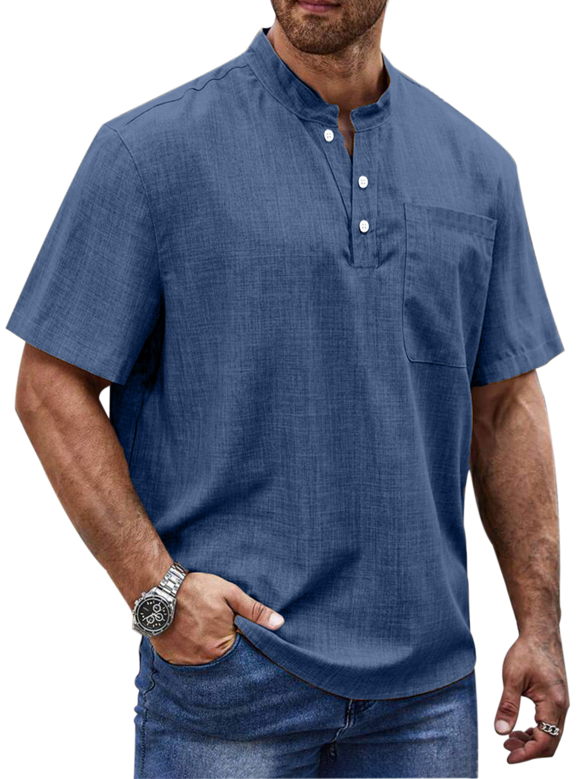 Men's Simple Daily Solid Color Short Sleeve Button Stand Collar Polo Shirt