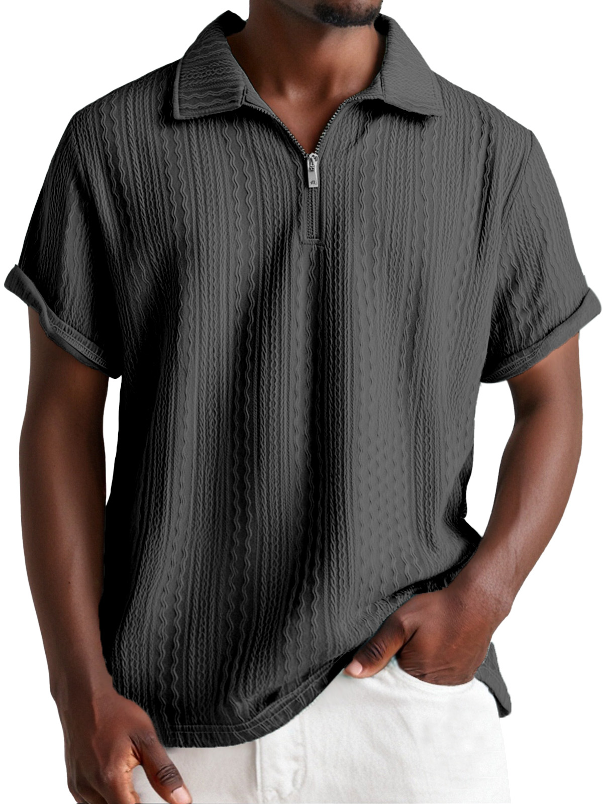 Men's Everyday Design Textured Short-sleeved Lapel Zipper Polo Shirt