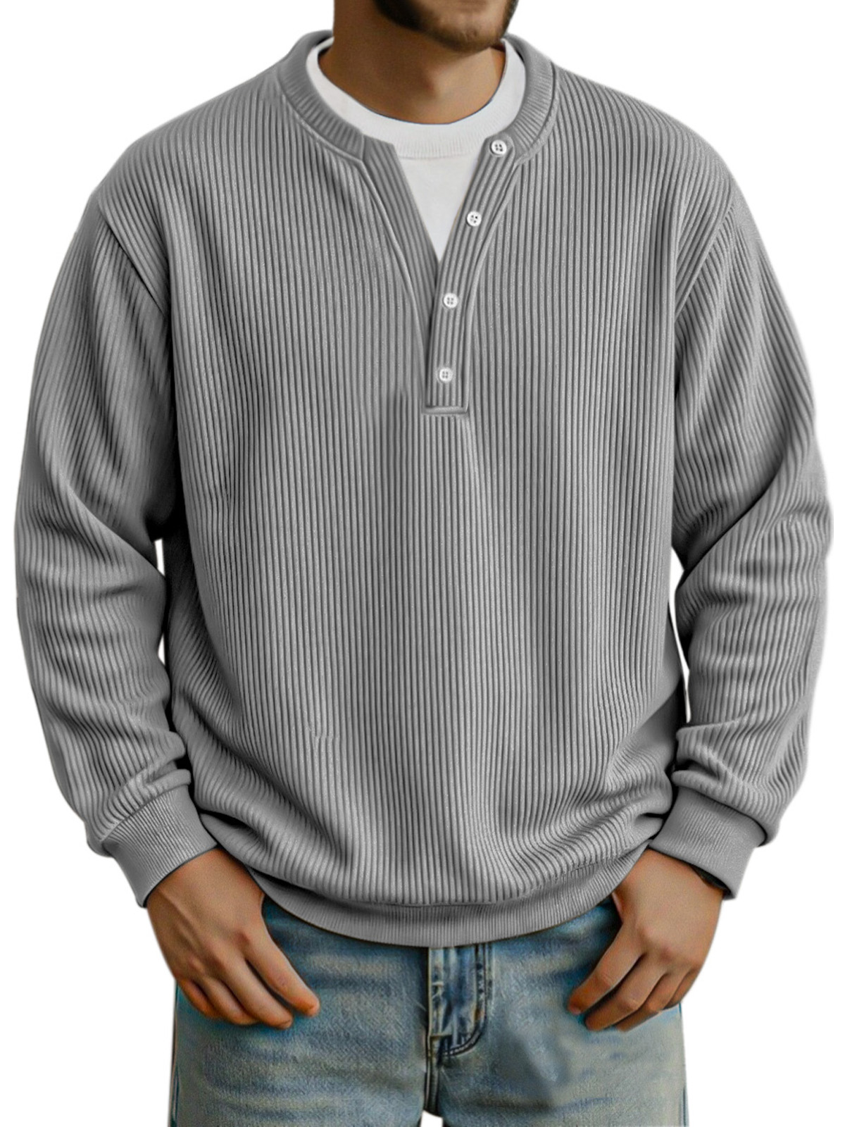 Men's Fashionable Vertical Pit Strip Fake Two-piece Button Design Long-sleeved Top