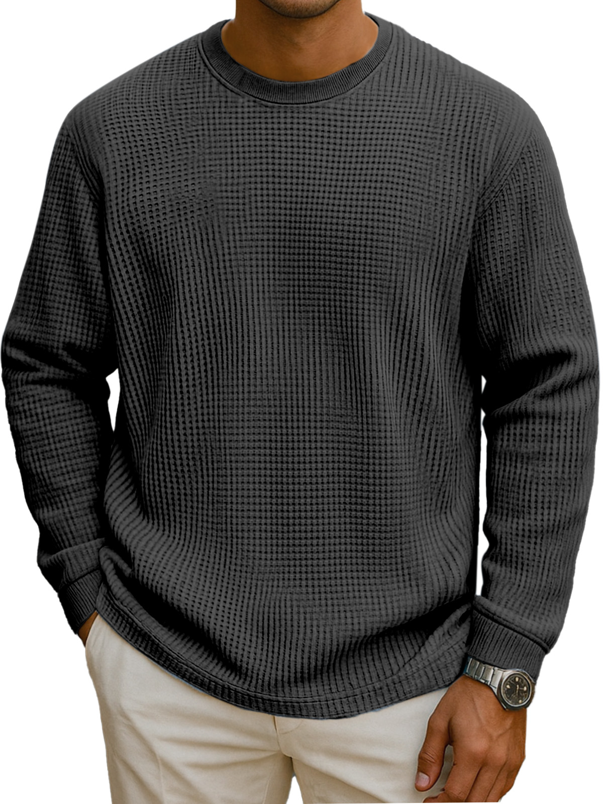 Men's Simple Everyday Solid Color Waffle Round Neck Long Sleeve T-shirt