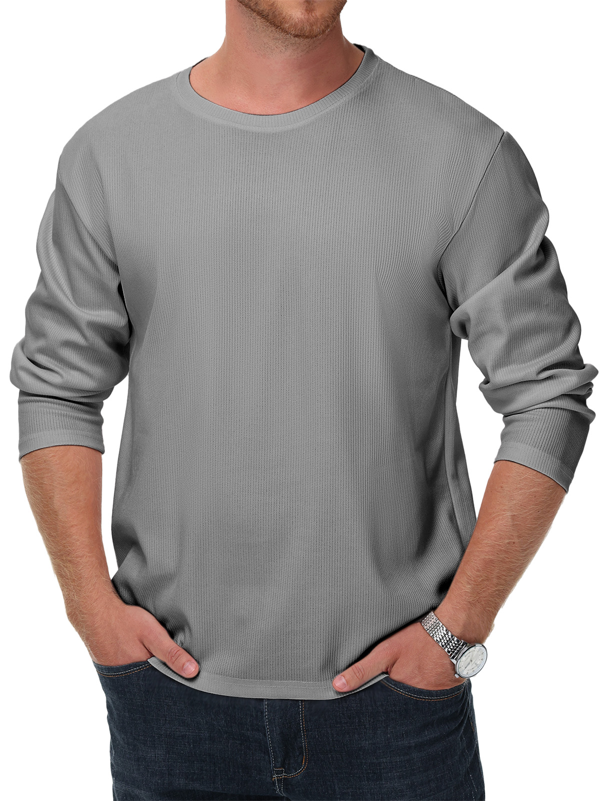 Men's Simple Solid Color Daily Texture Long-sleeved Round Neck T-shirt
