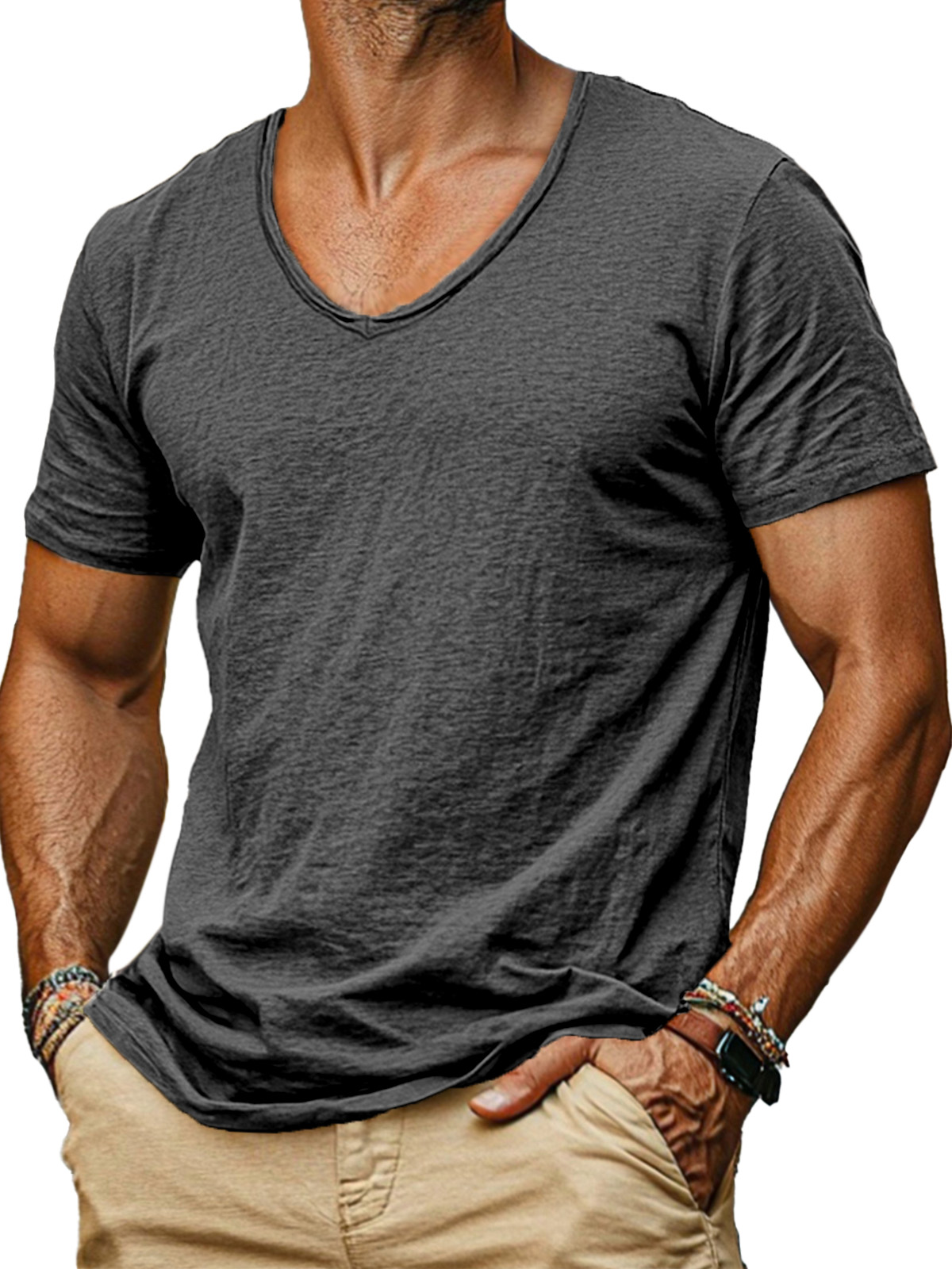 Men's simple and comfortable solid color v-neck short-sleeved T-shirt